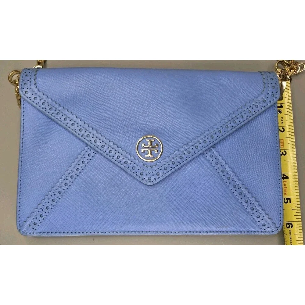 Tory Burch Envelope Clutch Crossbody Chain Purse Handbag Periwinkle Blue